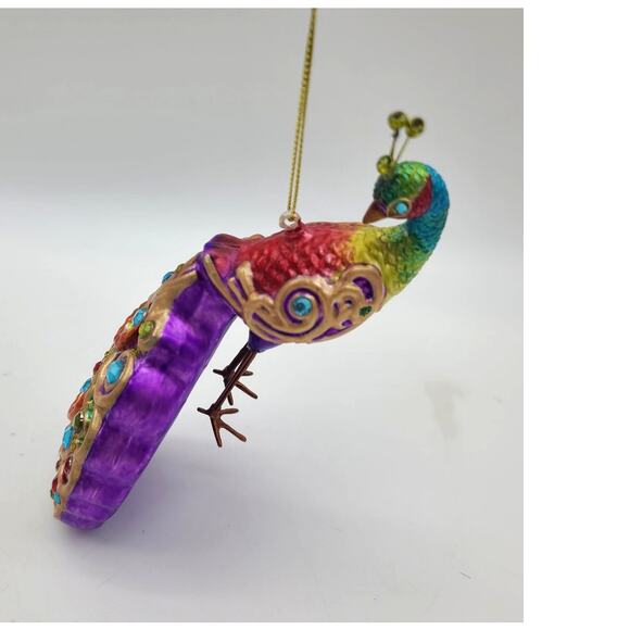 VTG Handcrafted Elegant Hanging Glass Peacock Christmas Ornament Rhinestones 7"L - Picture 4 of 6